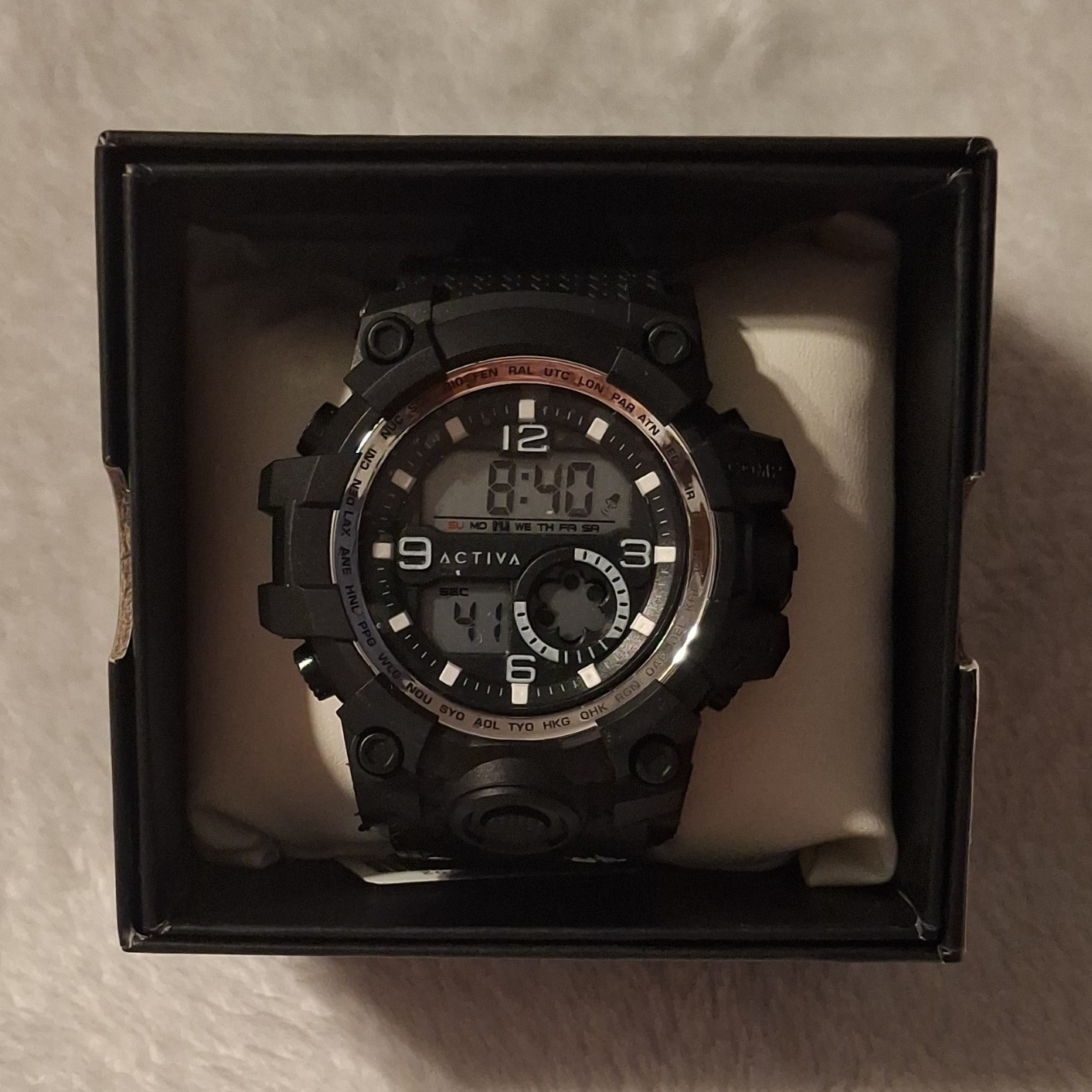 Activa Analog-Digital Quartz Sport Watch Alarm 10m Black/White Rubber Box