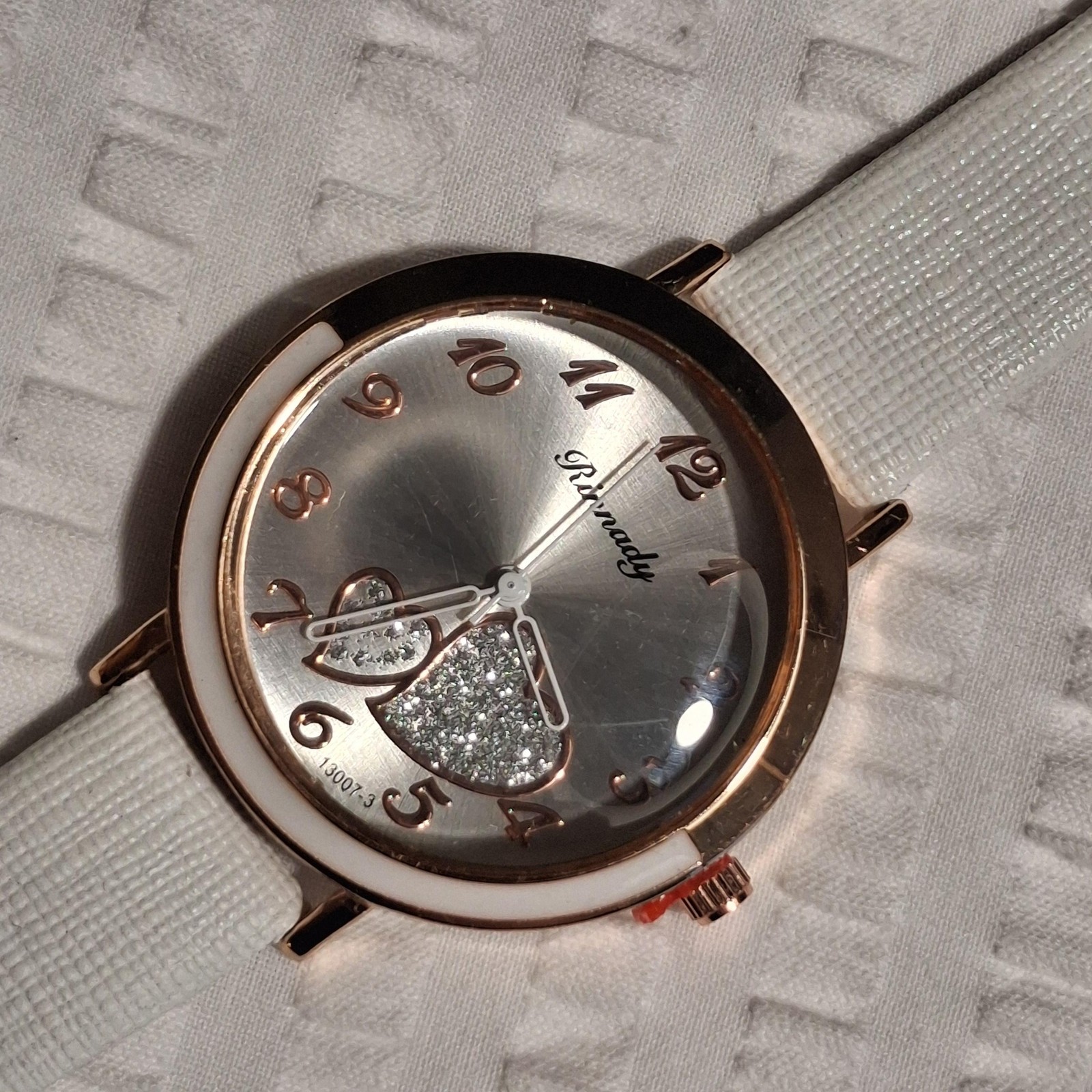 Rinnady Womens Wristwatch White Faux Leather Band Silver Dial Rose Gold 13007-3