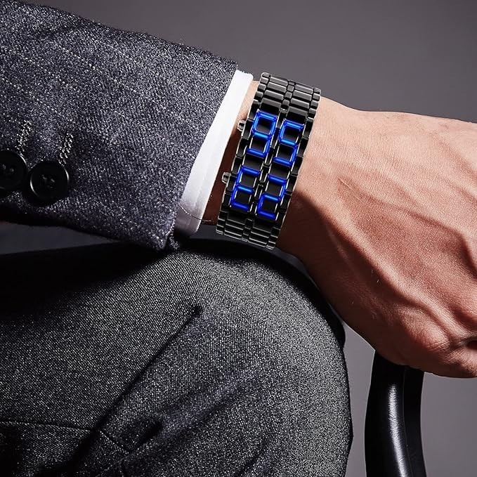 LED Digital Watch, Black & Blue Stainless Steel Lava Style, Samurai Bracelet