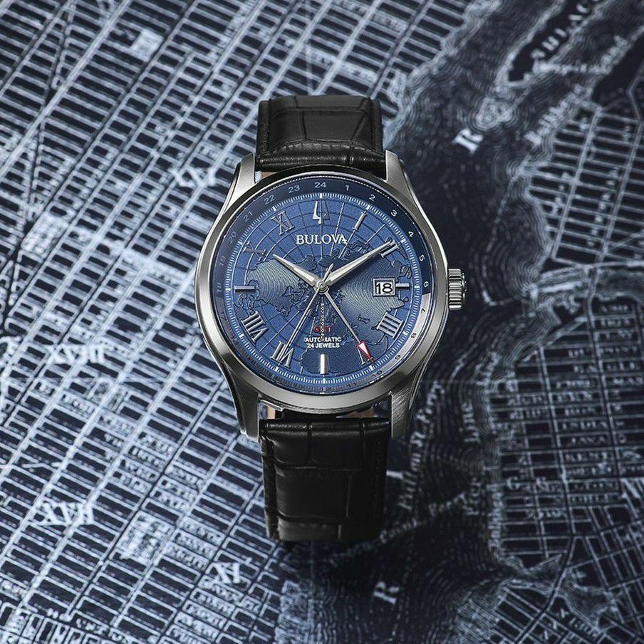 Bulova Wilton GMT 96B385 43mm Automatic Dual Time Blue Dial Watch Brand New B&P