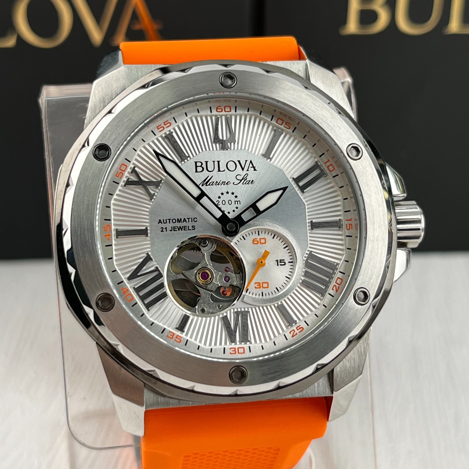 Bulova Marine Star 45mm Whit Dial Silver Case Orange/Grey Silicone Strap 98A226