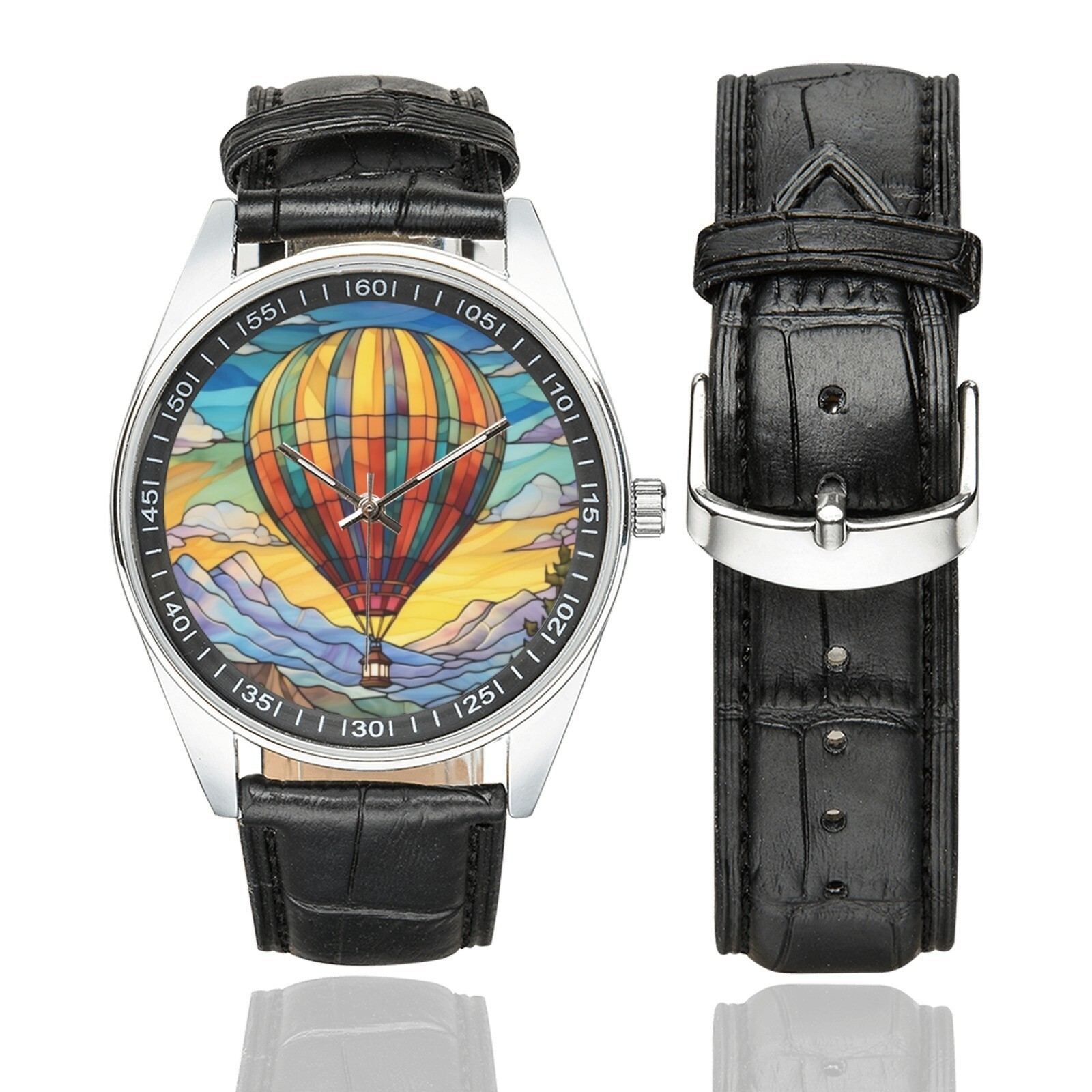 Stained Glass Hot Air Balloon Watch with Black Leather Band For Adult