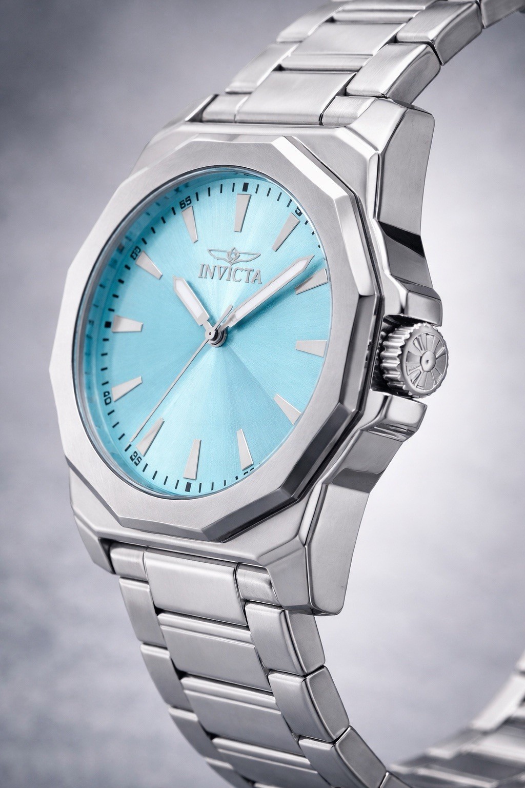 Invicta Silver Stainless Steel Wristwatch Blue Dial Baton Indexes