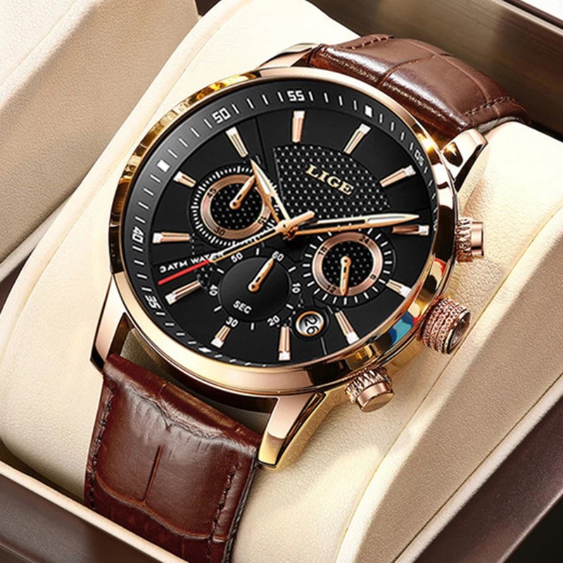 LIGE Men’s Luxury Chronograph Leather Strap Quartz Watch Waterproof Analog Date