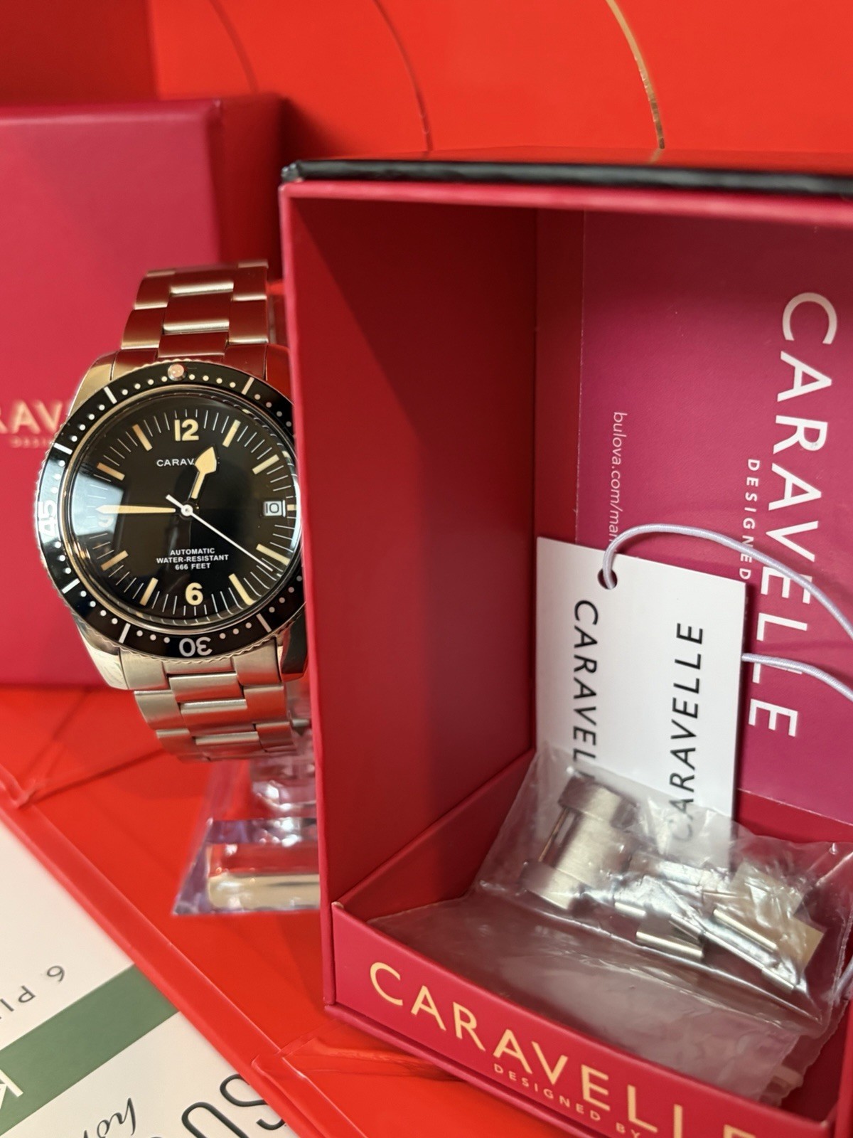 Caravelle Automatic Diver Date Black Dial 40mm Steel Bracelet 666ft Box Papers