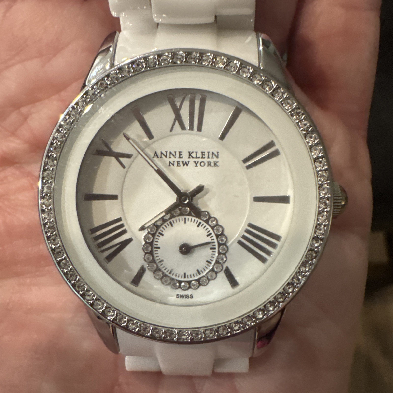Anne Klein 12/2199 White Ceramic Band Crystal Accented NEEDS BATTERY