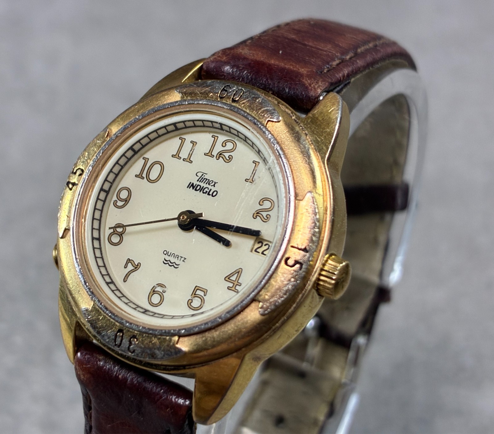 Timex Women’s Quartz Watch 27mm Gold Cream Dial Date Brown Leather 1996 Working