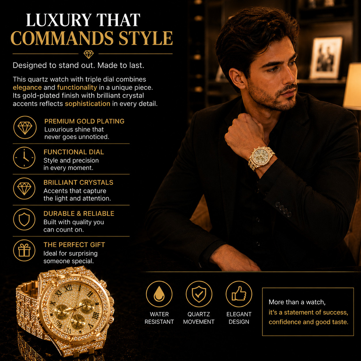Luxury Gold Plated Triple Dial Quartz Watch with Rhinestones for Men