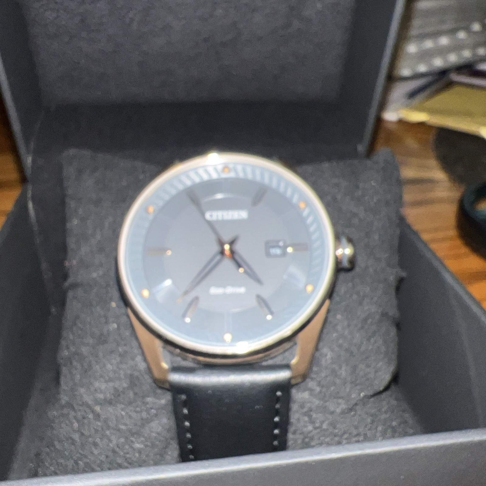 Citizen Eco-Drive Quartz Gray Textured Dial Gold Case Black Leather Date Watch