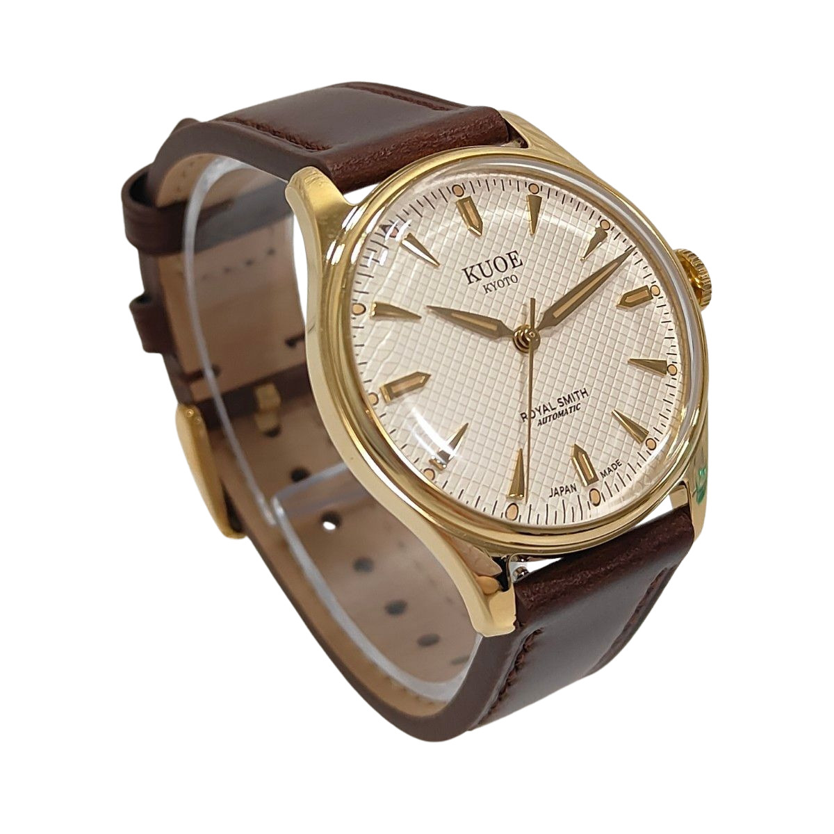 KUOE Kyoto Royal Smith 90-006 Ivory Waffle Dial Watch New Brown Leather Band JP