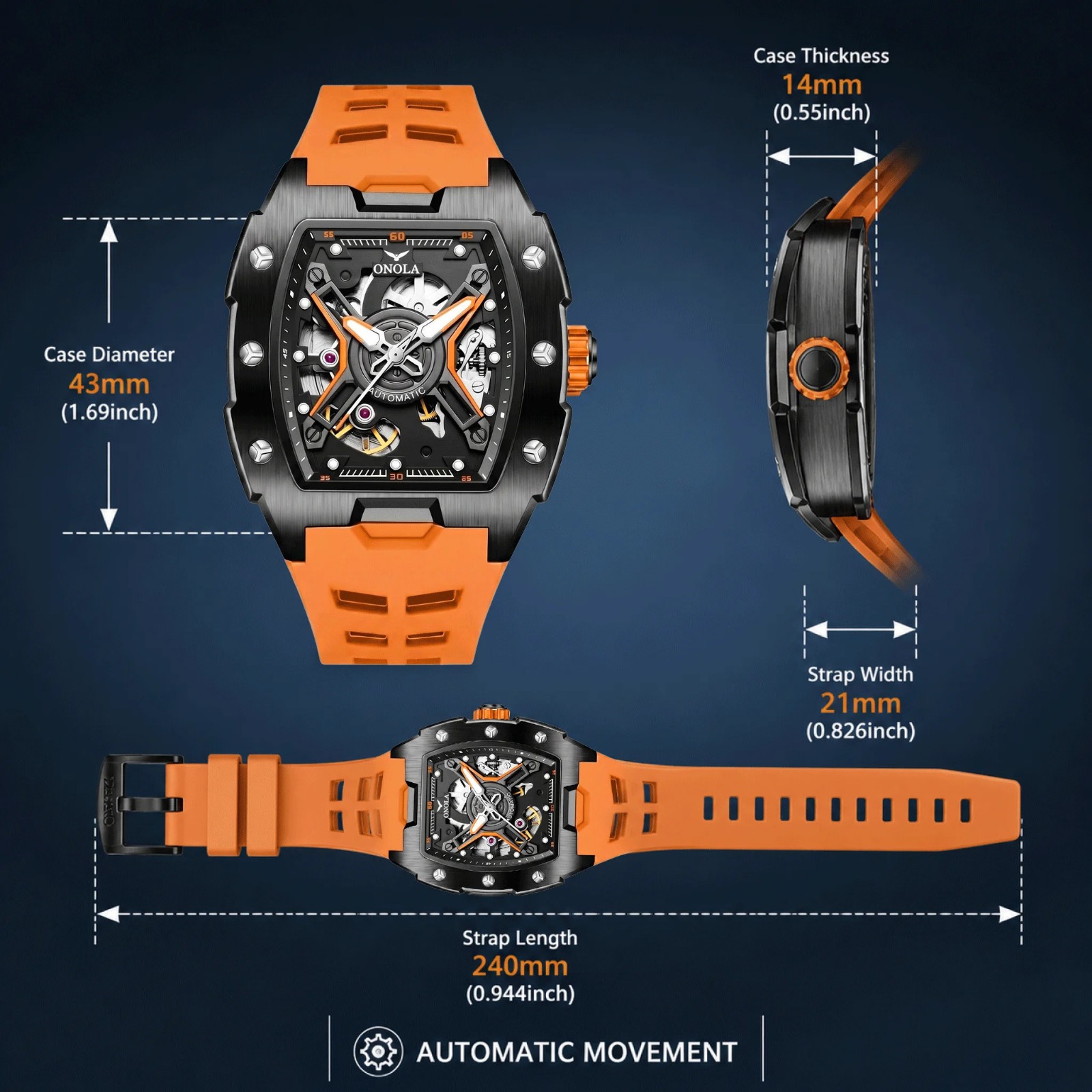 ONOLA Automatic Mechanical Mens Watch With A Silicone Strap And Water Resistance