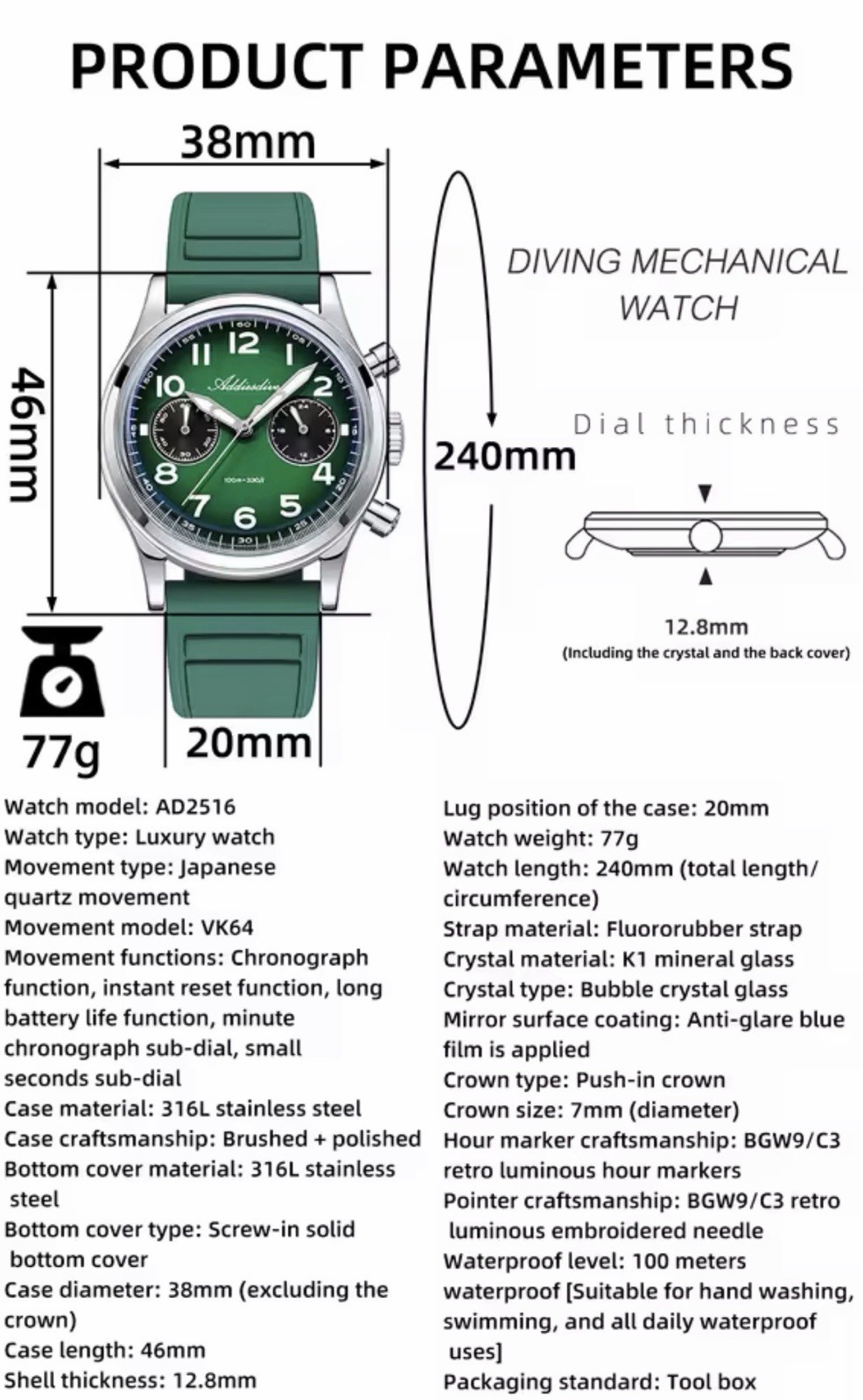 Addiesdive AD2516 Pilot Chronograph – Japan VK64 Mecha-Quartz – US FAST SHIP
