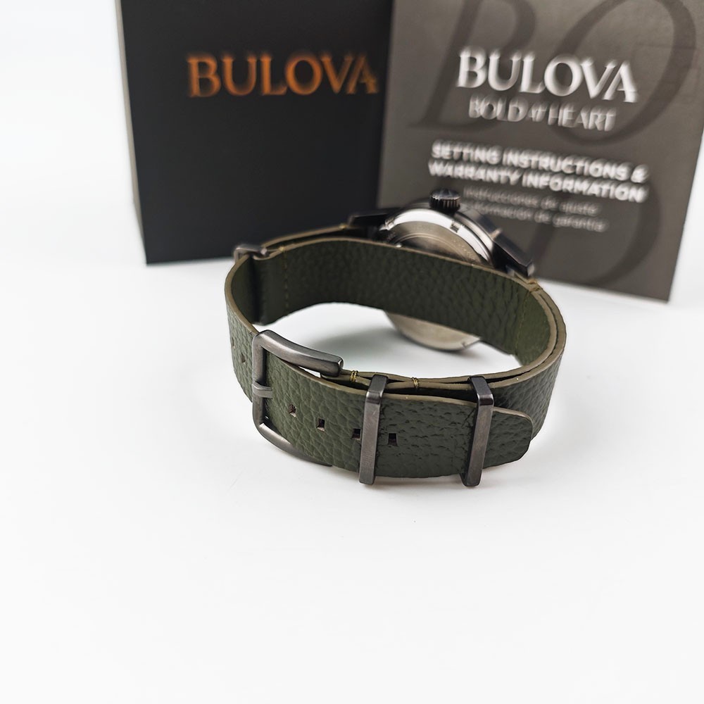 Bulova Hack 98A255 Black Dial Green Leather Strap Automatic Men’s 38MM Watch NEW