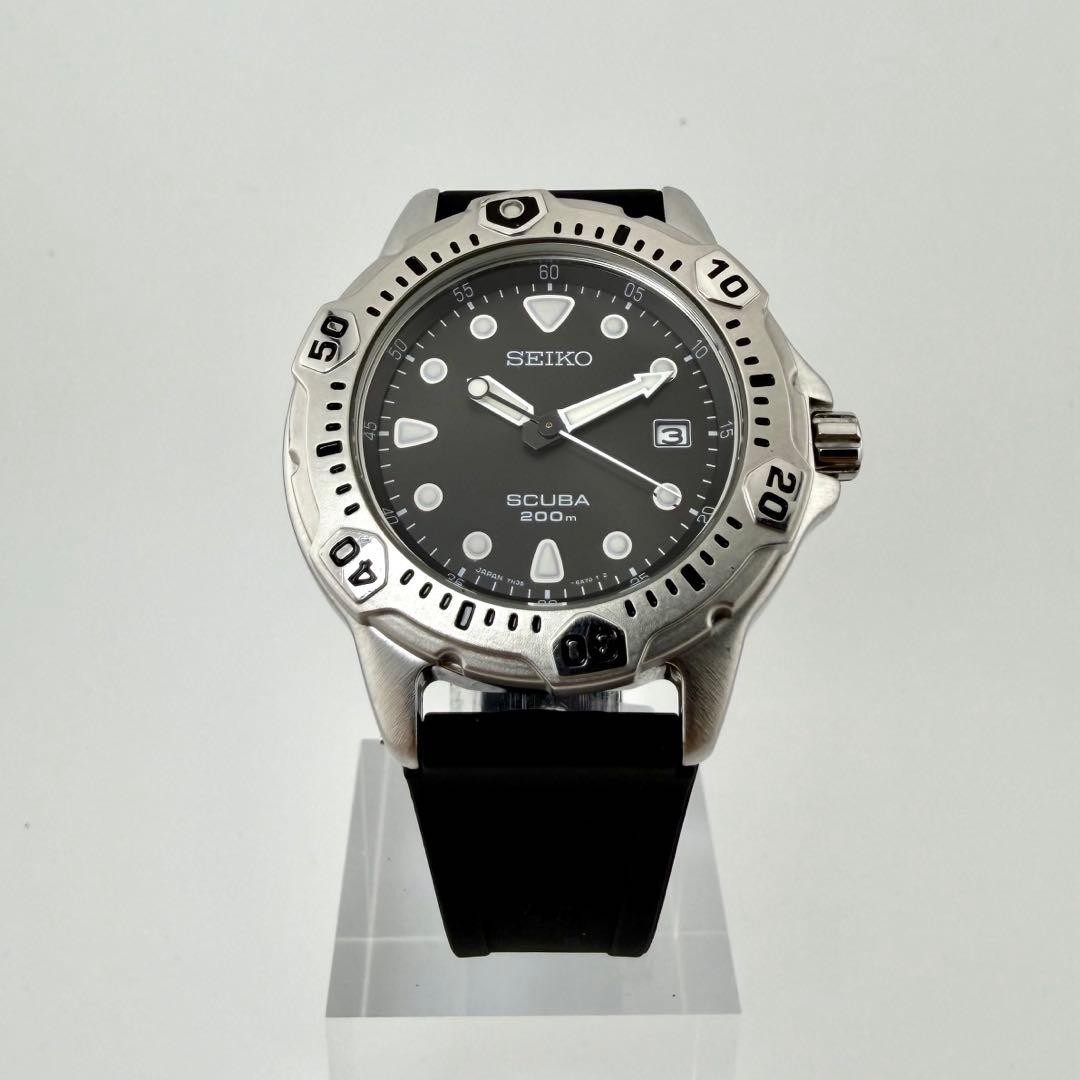 SEIKO 7N35-6A50 Scuba Diver Watch Date Silver BLue Used Japan New Battery Belt