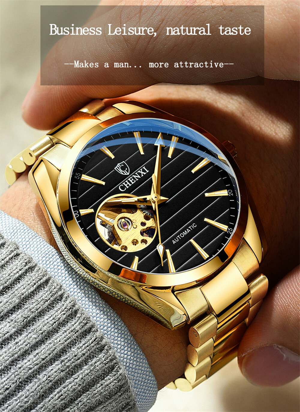 CHENXI Men Mechanical Automatic Stainless Steel Hollow Business Wrist Watches