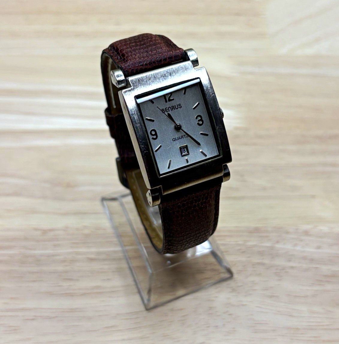 Benrus Quartz Tank | PIM264BR | Silver Dial | Date | Brown Leather Strap