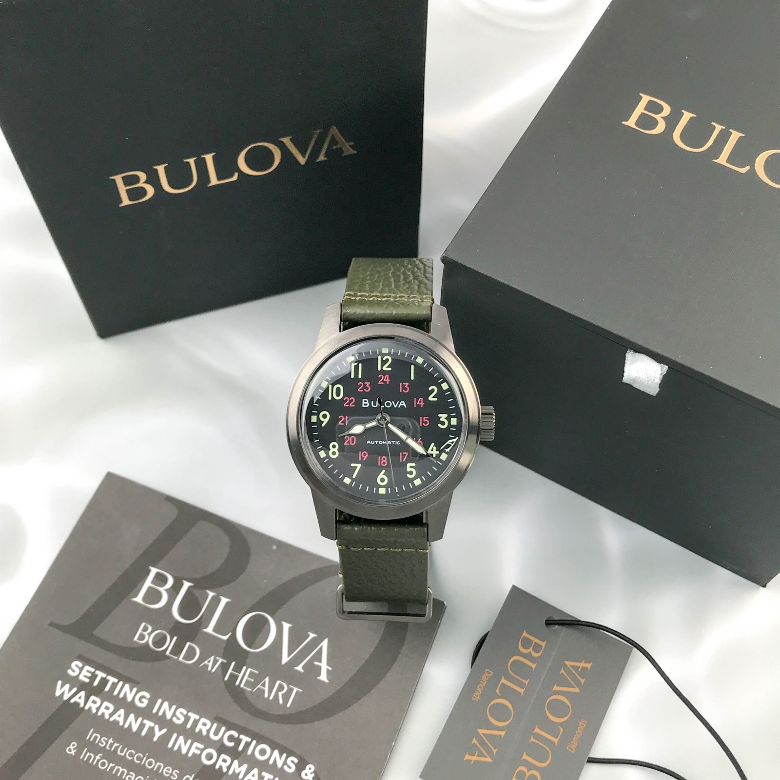 Bulova Hack 98A255 Automatic Black Dial Green Leather Strap Men’s Watch 38mm New