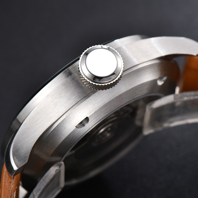 46.5mm Parnis Black with Gray Dial Brown Leather Strap Wrist Watches for Men