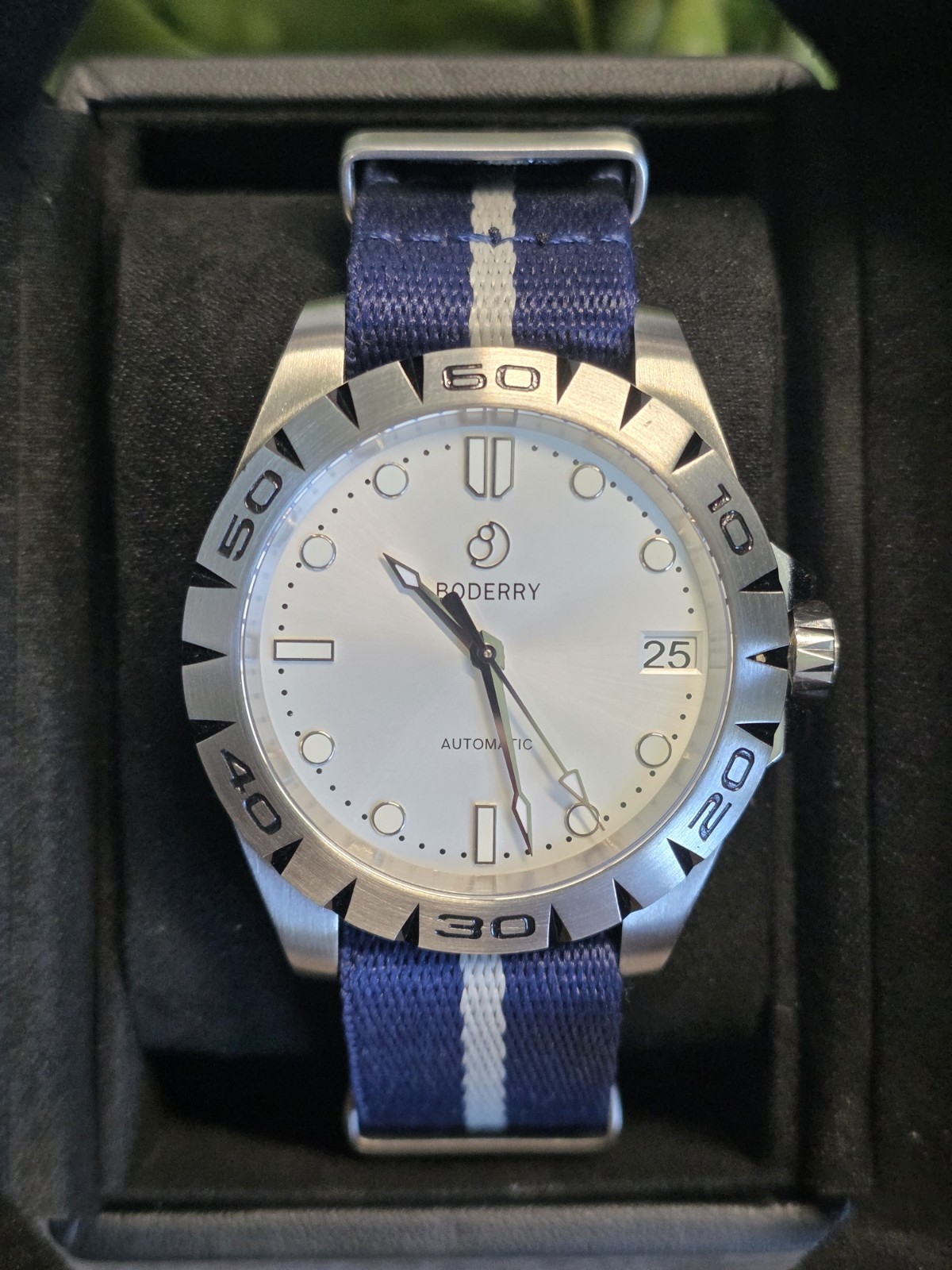 BODERRY Automatic Date 41.5mm Silver Dial Stainless Steel Blue/White Nylon Watch