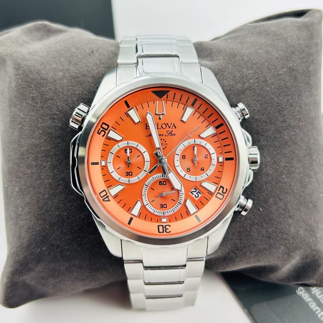 Bulova Men’s Marine Star 96B395 Orange Dial Stainless Chronograph Quartz Watch