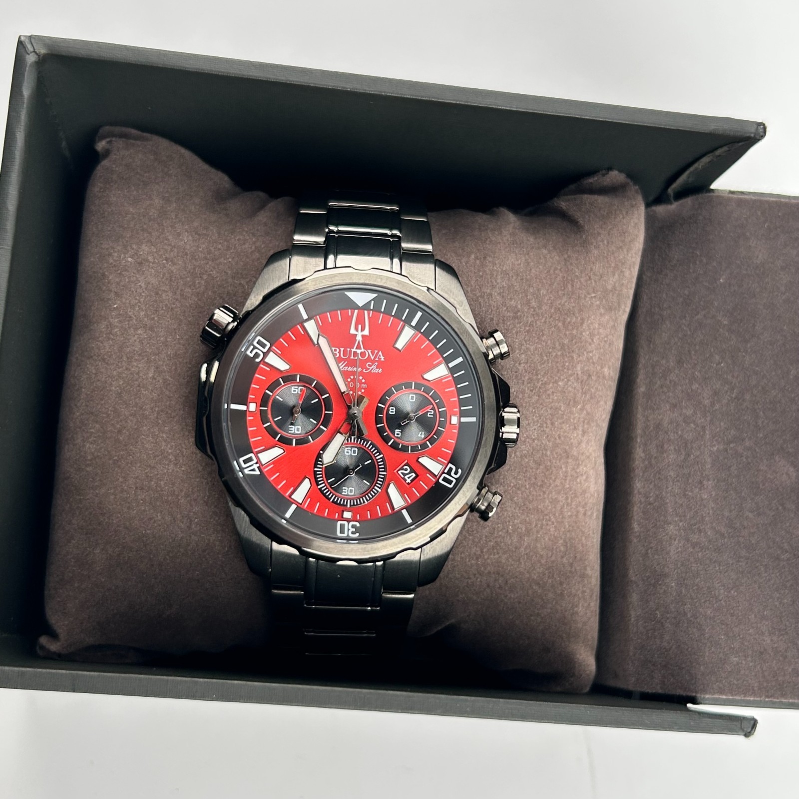 Bulova Marine Star 98B350 Red Dial Chronograph Men’s Quartz Watch 43MM New/Box
