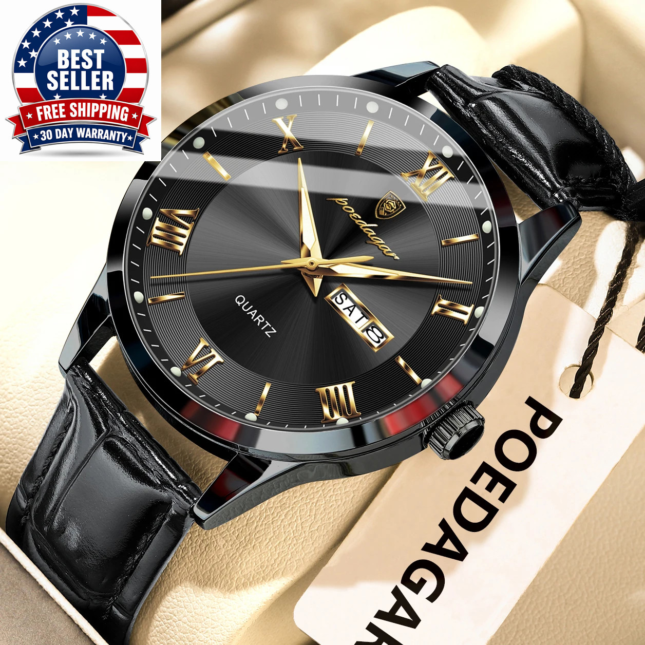 Men’s Waterproof Quartz Watch with Leather Band and Luminous Features