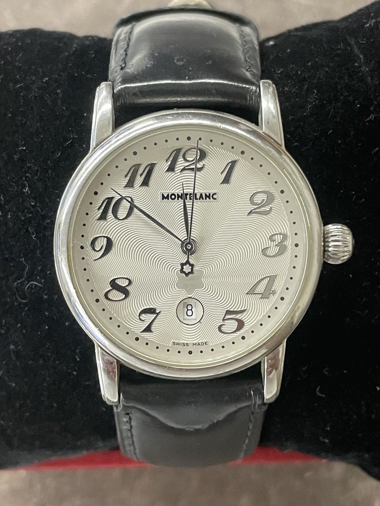 Montblanc Meisterstück 7020 Swiss Stainless Steel Watch Black Leather Band 32mm
