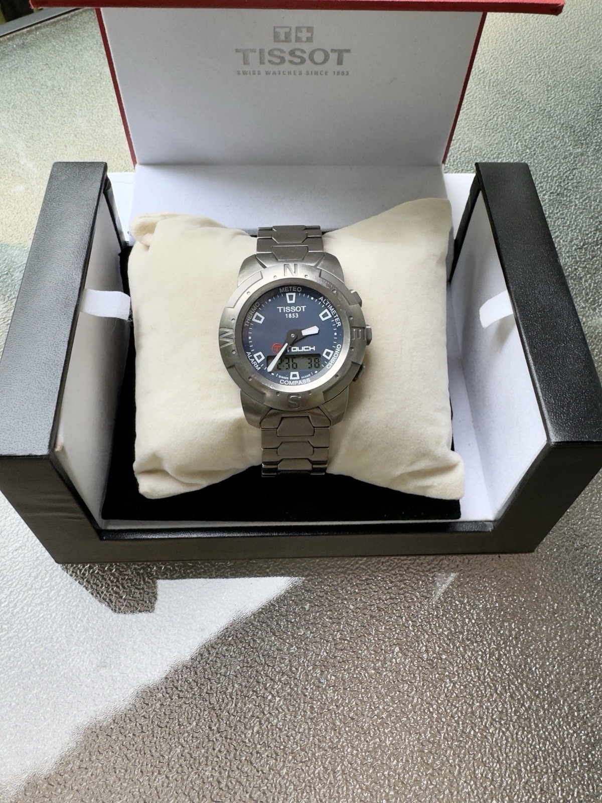 Tissot T-Touch Titanium Blue Dial Ana-Digi Quartz Alarm, Compass Box, Manuals.