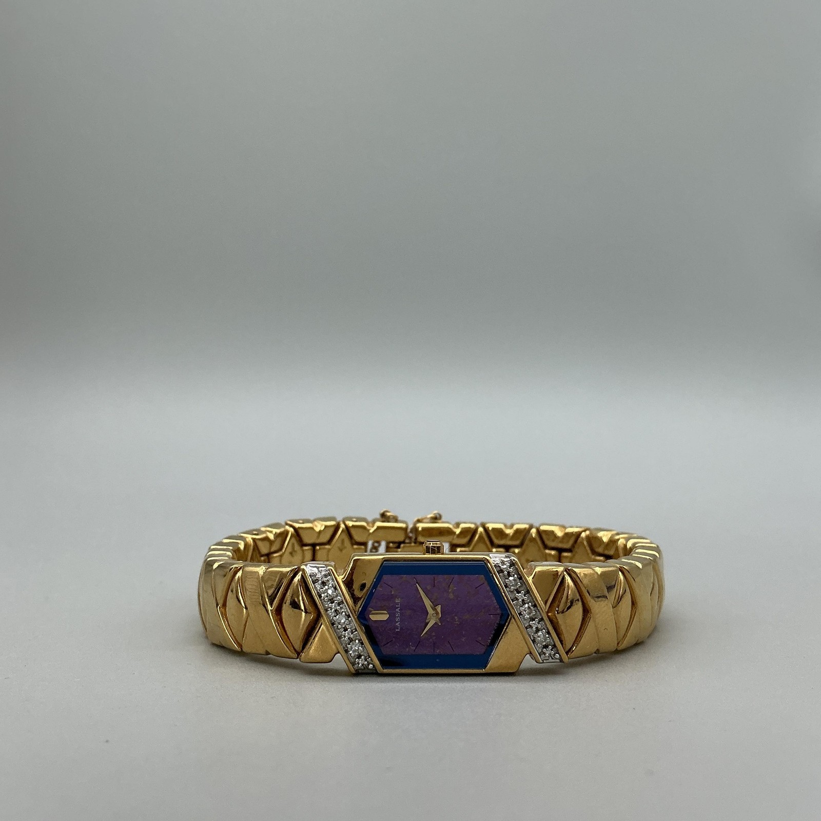 Vintage Lassale Womens Watch 13mm Purple Dial Gold Tone Diamond New Battery 6.5″