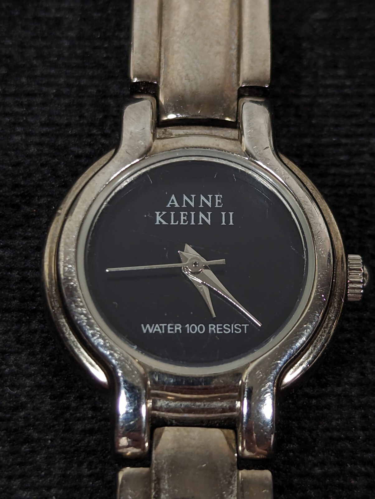 Anne Klein Black Dial Silver Tone Round Case Link Bracelet Band Watch 6.5 Inch