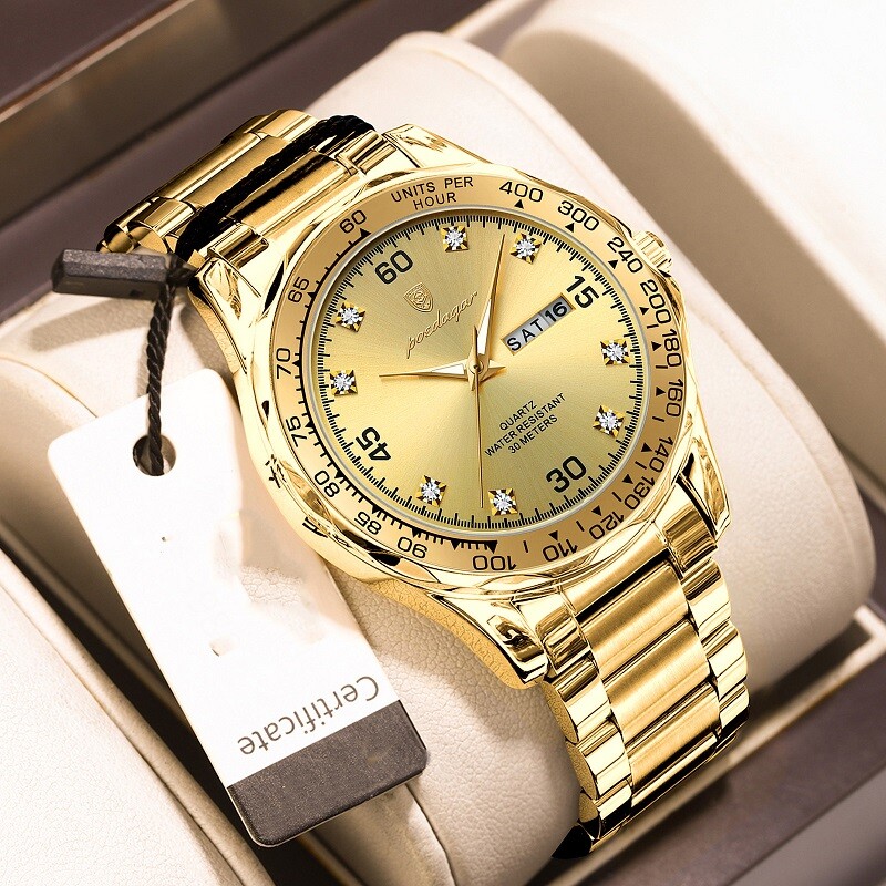 POEDAGAR Men Date Watch Quartz Wristwatch Waterproof Luminous Stainless Watches