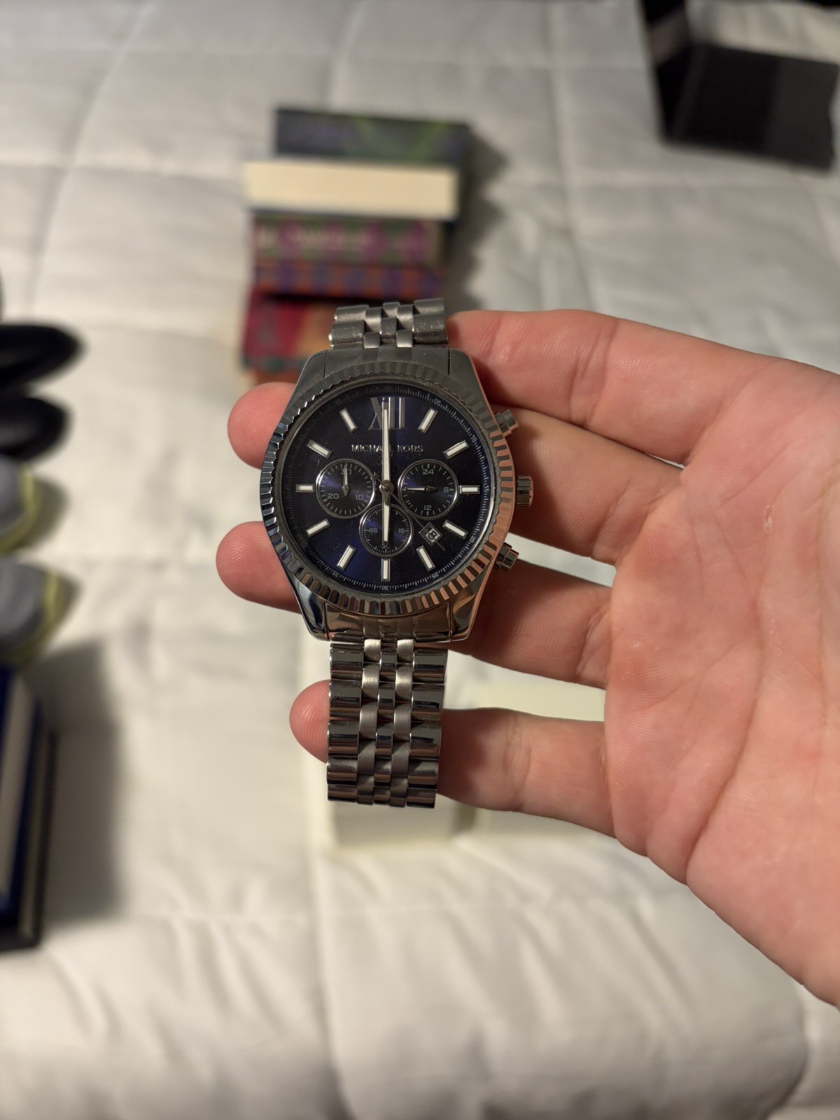 New Michael Kors MK8280 Men’s Lexington Stainless Steel Silver/Navy Watch