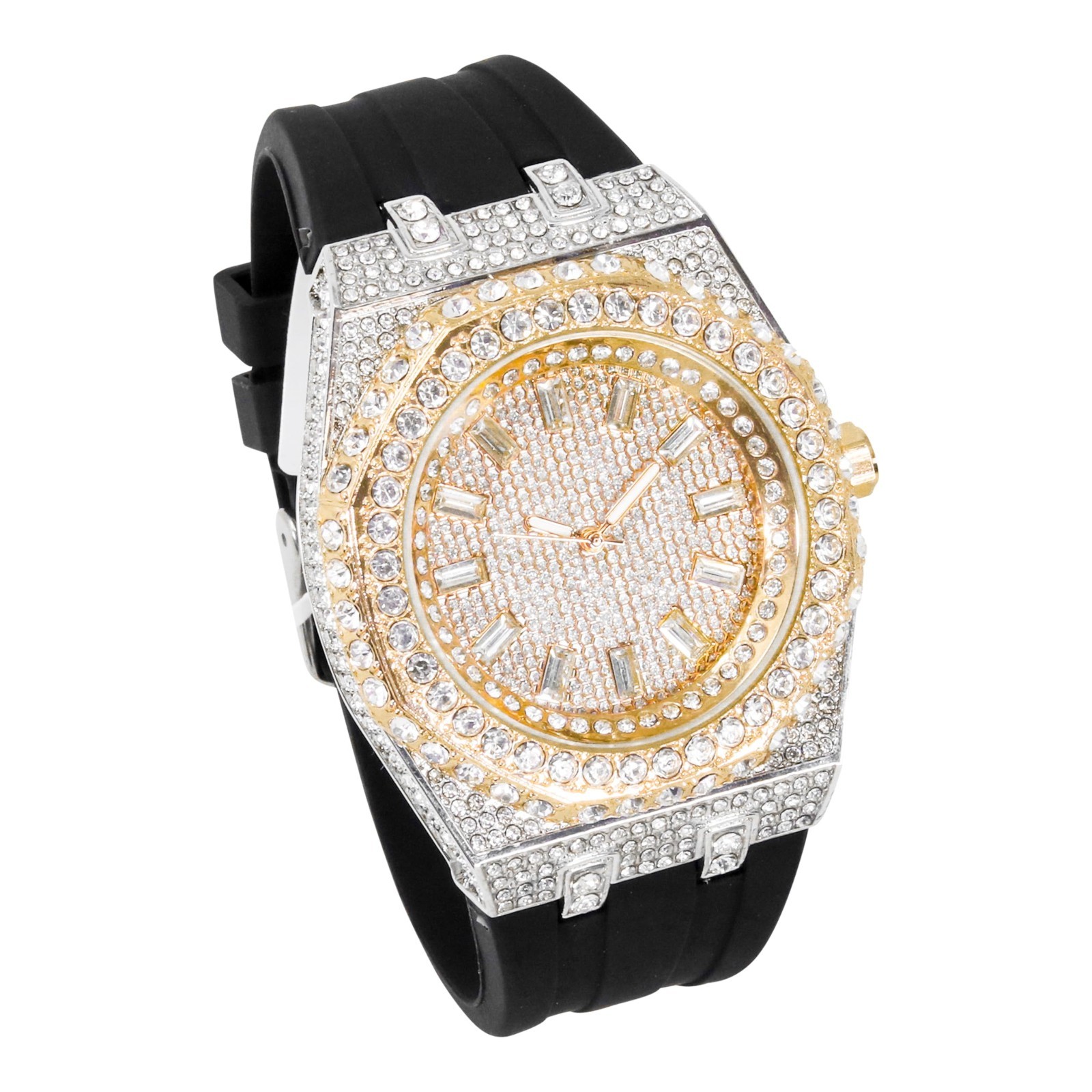 Men’s 43mm Octagonal Dial Iced Out Watch, Silicone Band, Baguette Style