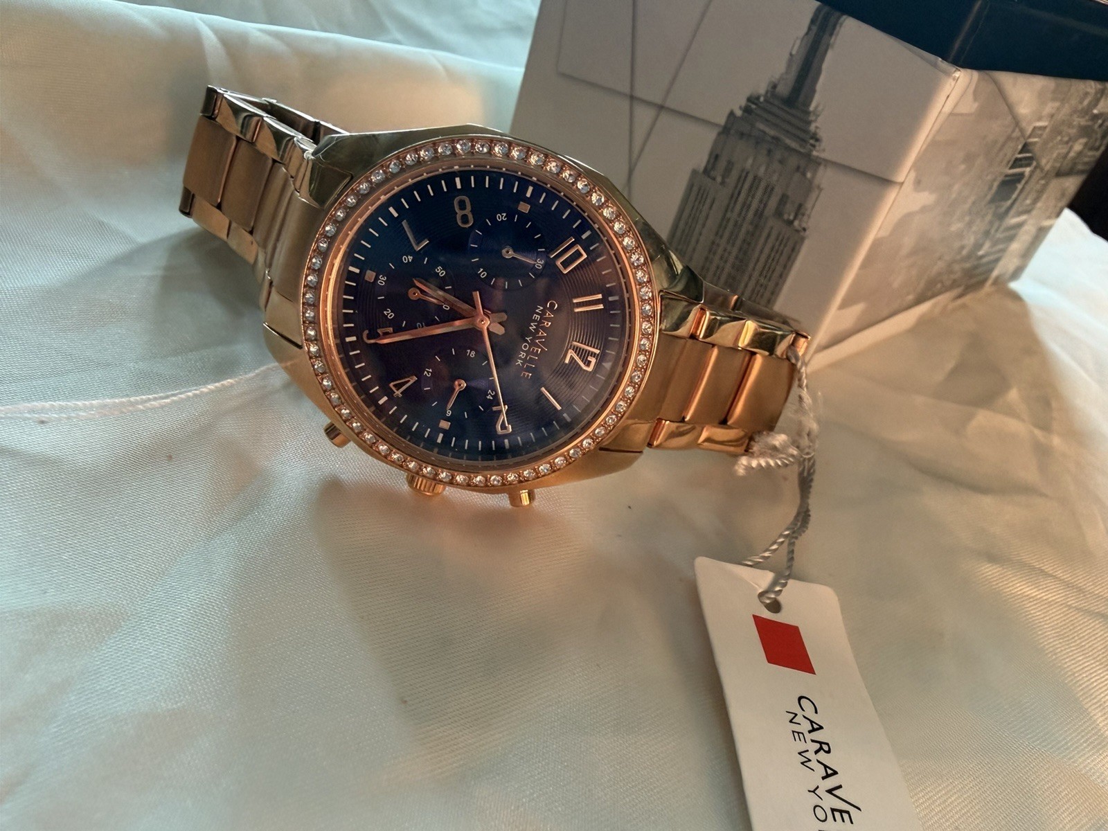Caravelle New York Women’s Quartz Watch Rose Gold SS Bracelet Blue Dial 44mm