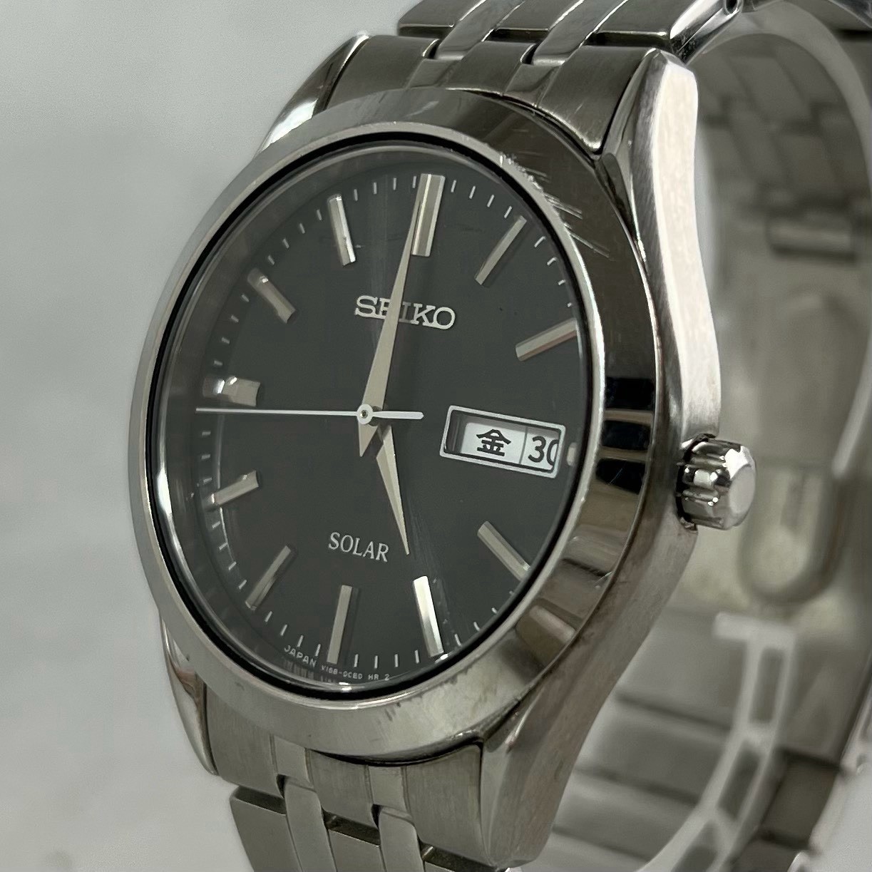 SEIKO Solar V158-0AZ0 Day-Date Black Dial Mens Wristwatch Made in Japan
