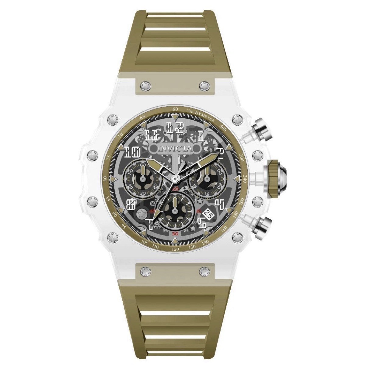 Invicta Bolt Men’s Quartz Chronograph Date Tachymeter Clear Case Green Strap