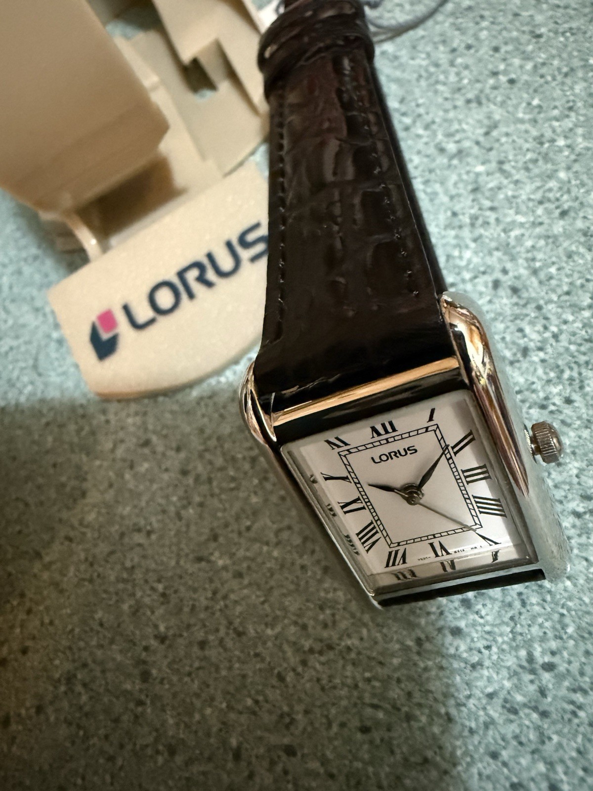 New Women’s Lorus Watch 16×21 MM Ivory Rectangle Face Black Strap W/ Gift Box