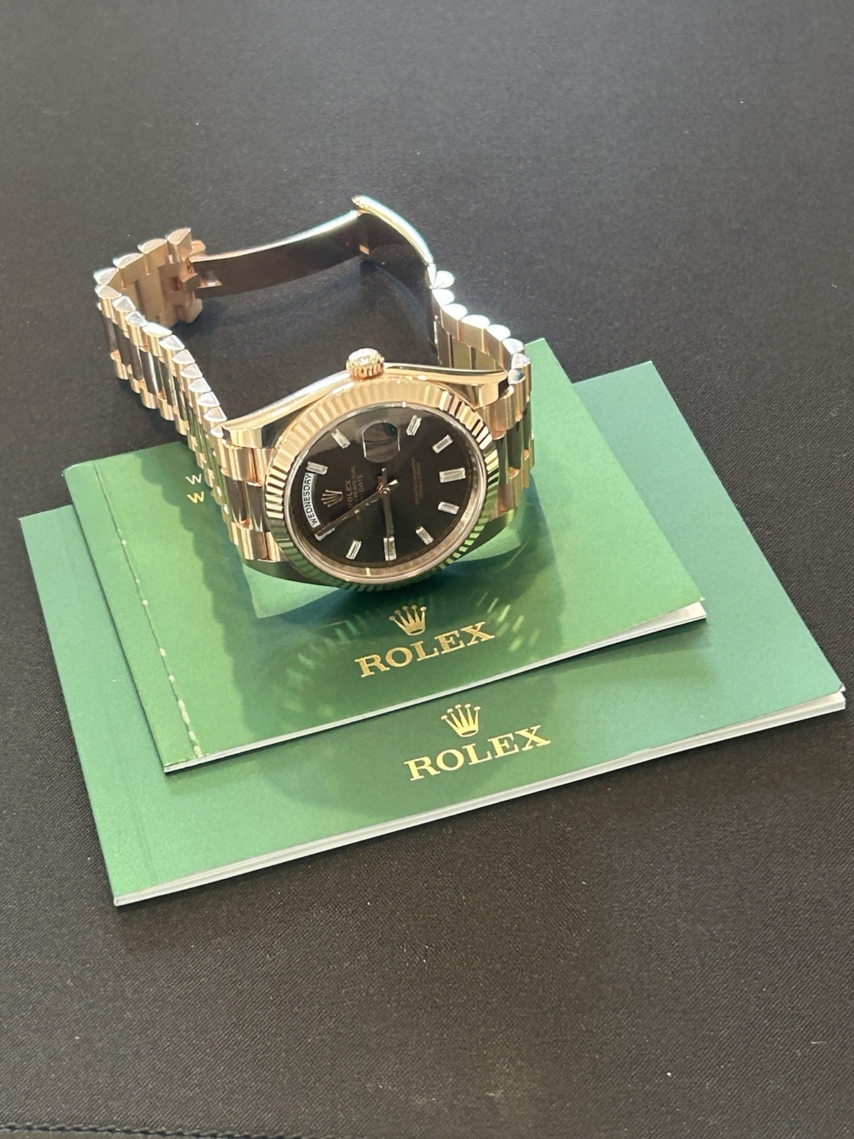 Rolex Day-Date 228235 40mm Rose Gold Chocolate Dial with Diamond Baguettes 2025