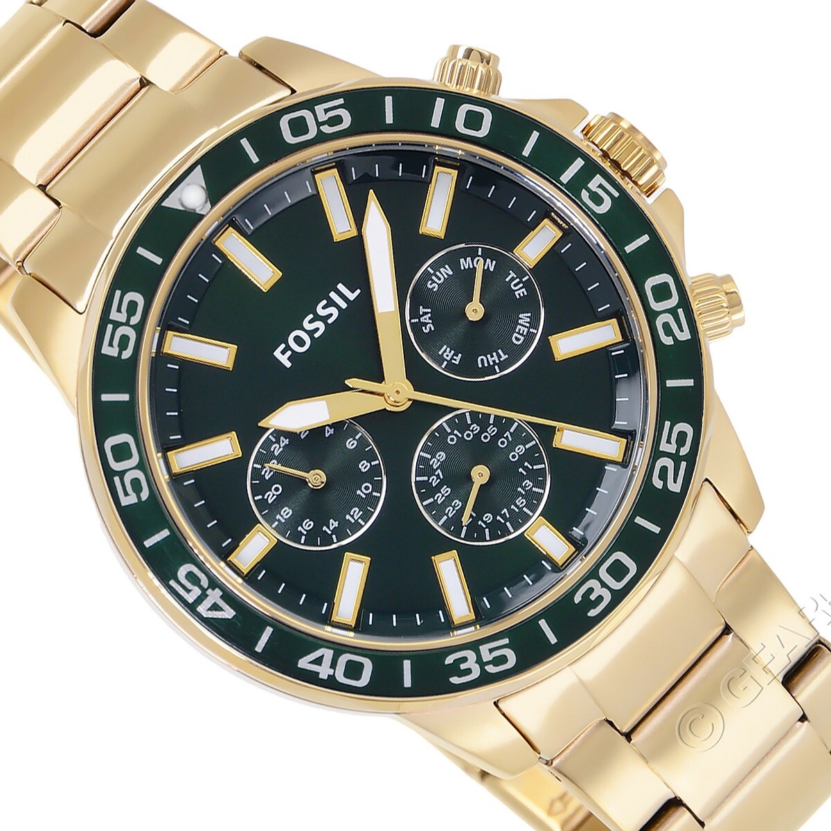 FOSSIL Bannon Mens Multifunction Watch Dark Green Dial Gold Stainless Steel Band