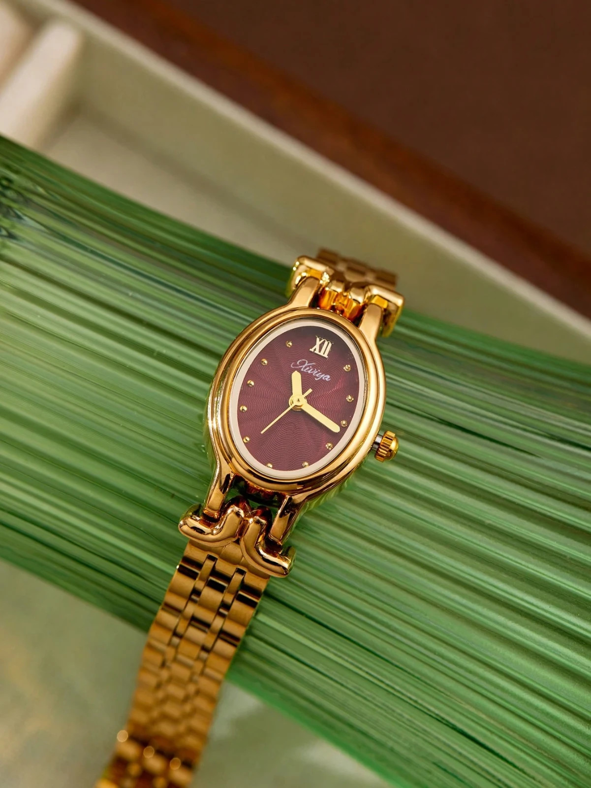 Gold and Burgundy French Vintage Style Unique Dainty Women’s Wrist Watch
