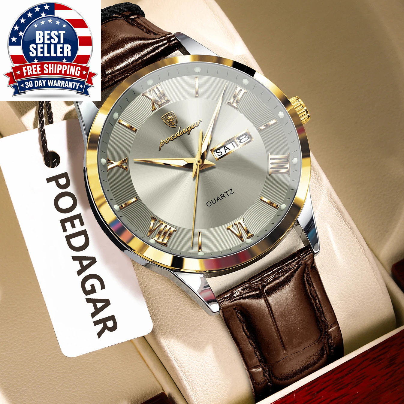 Men’s Waterproof Quartz Watch with Leather Band and Luminous Features