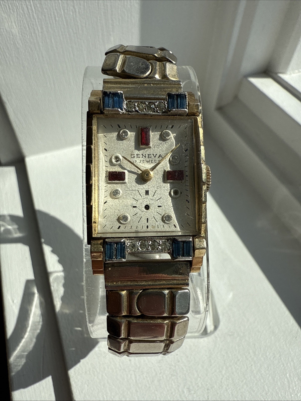 Vintage Geneva 17 Jewel Ruby/Sapphire/Rhinestone Tank Watch Working