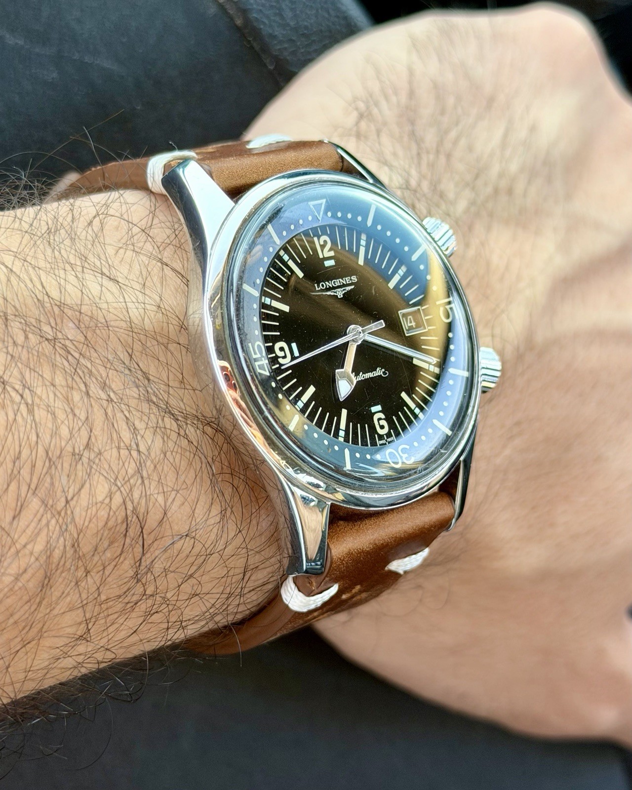 Longines Legend Diver Automatic Black Dial Date Brown Leather Strap Men’s