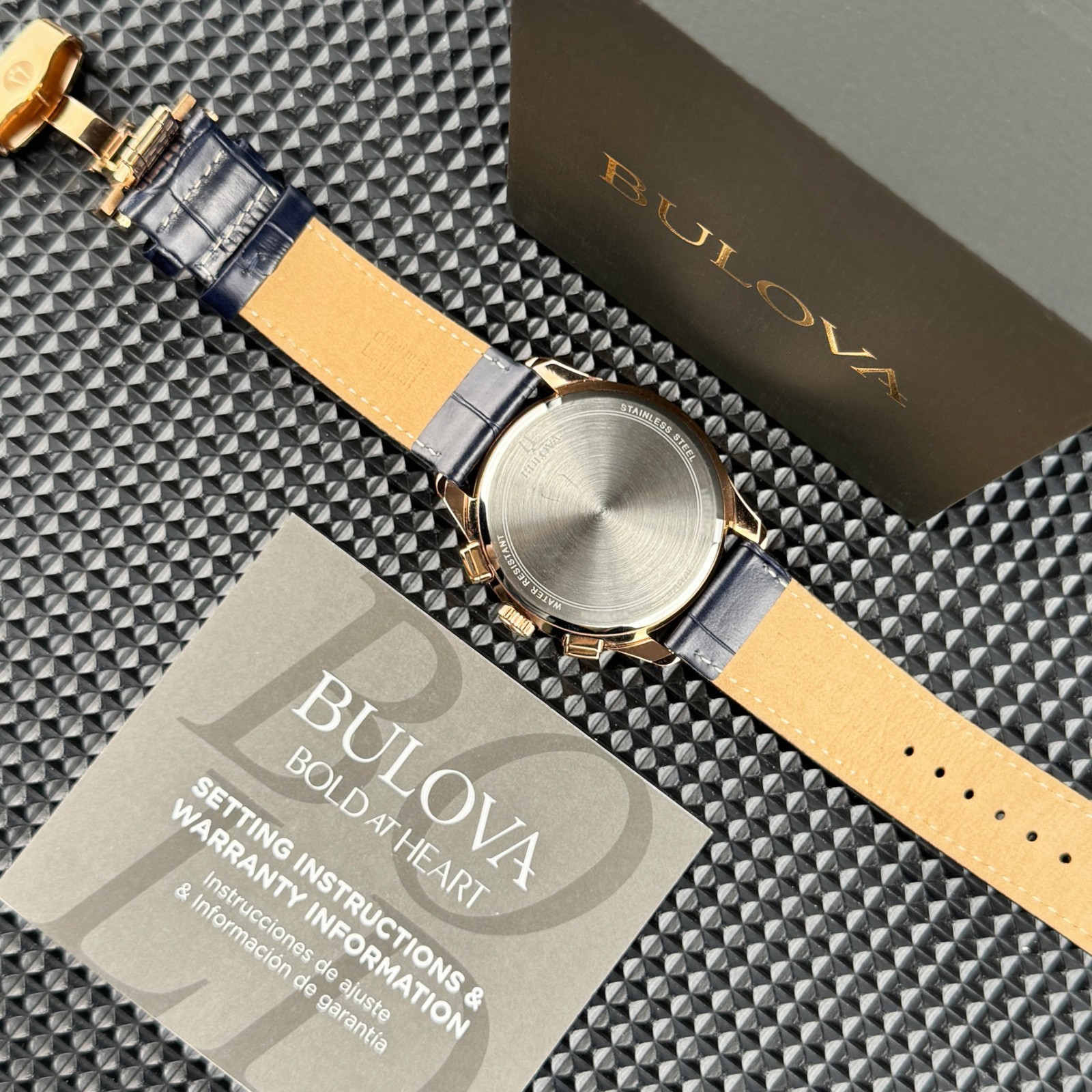 Bulova Wilton Classic Chronograph Blue Rose Gold Dial 97B170 Men’s Watch 46.5mm