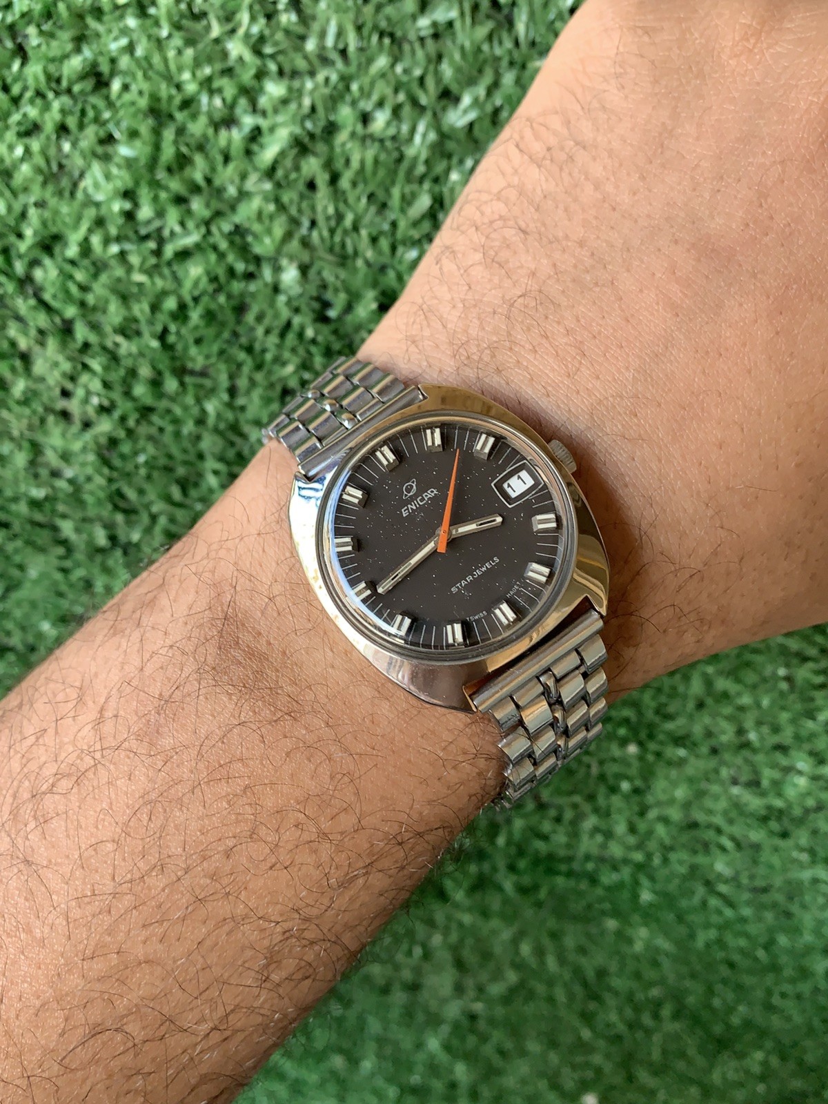 Vintage Enicar Ocean Pearl Watch Stainless Steel Star Jewels Dial 36mm Men 1960s