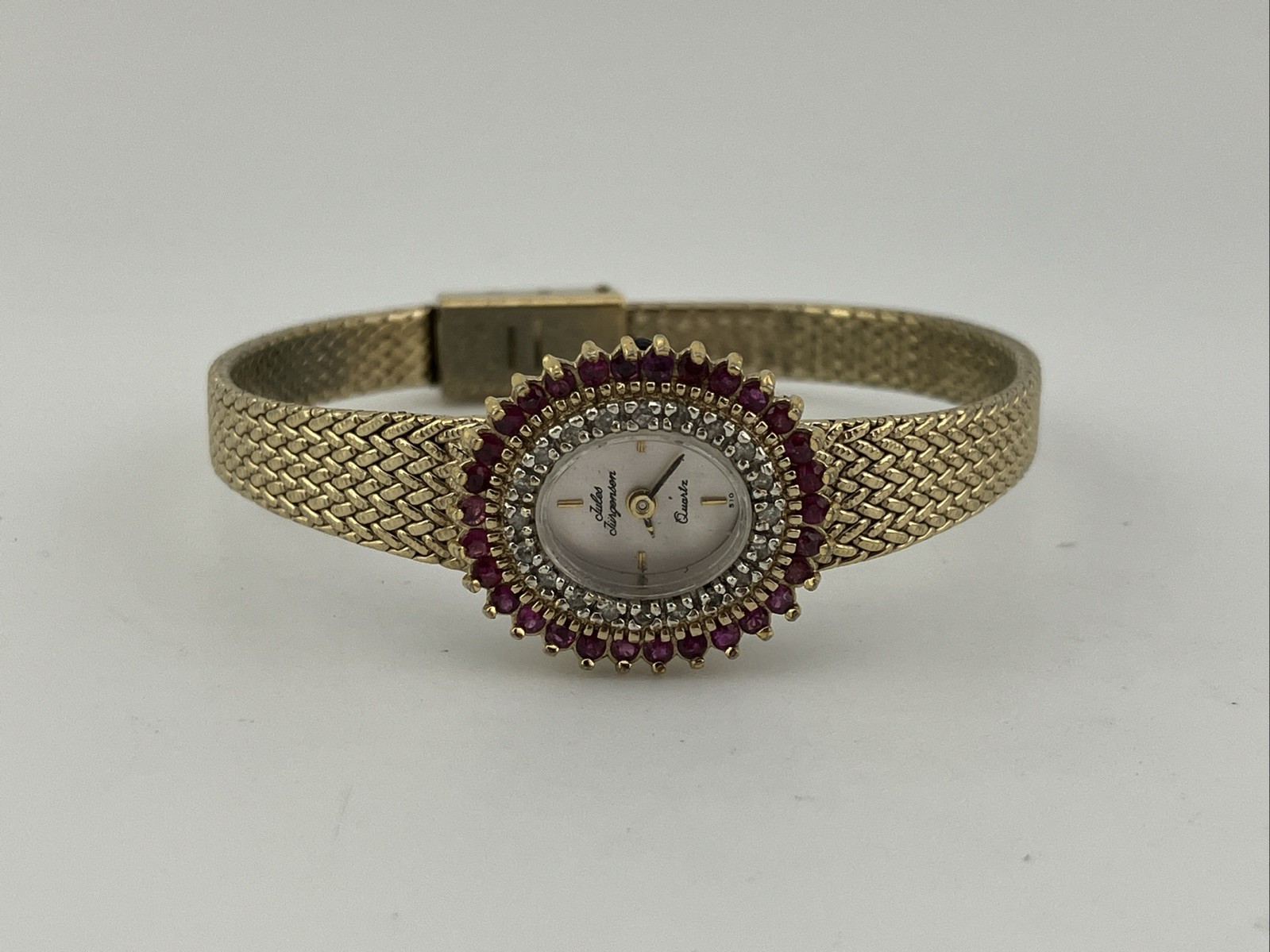 Vtg Jules Jurgensen Ladies 20mm Watch Gold Tone Diamon & Ruby Bezel Adjust -RUNS