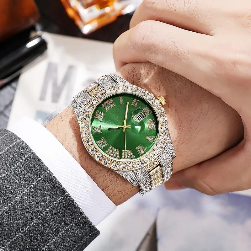 2PCS Men’s Quartz Watch & Bracelet Set Full Diamond Steel Band Roman Dial