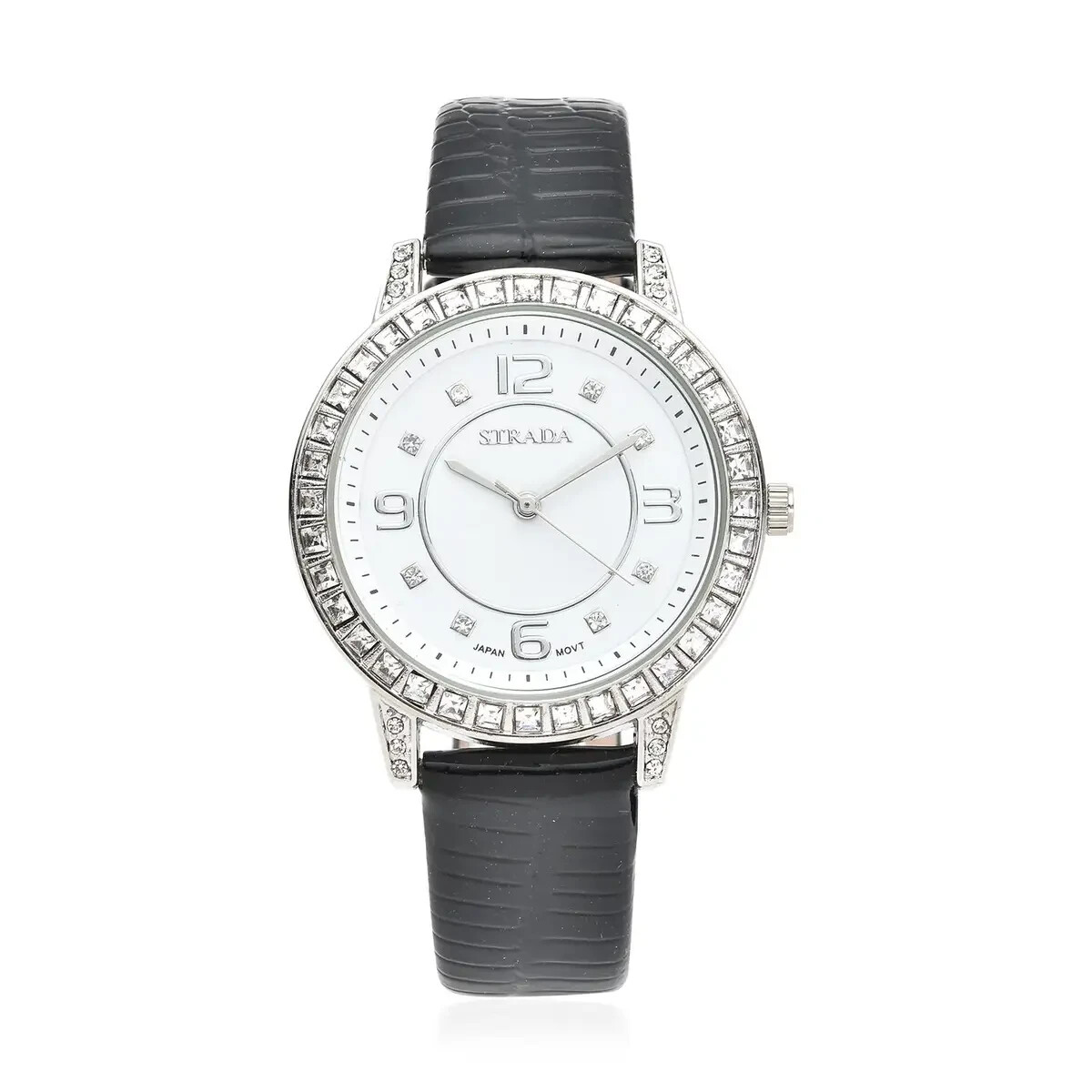 NEW Strada Japanese Movement White Austrian Crystal Women’s Watch Black Strap BD