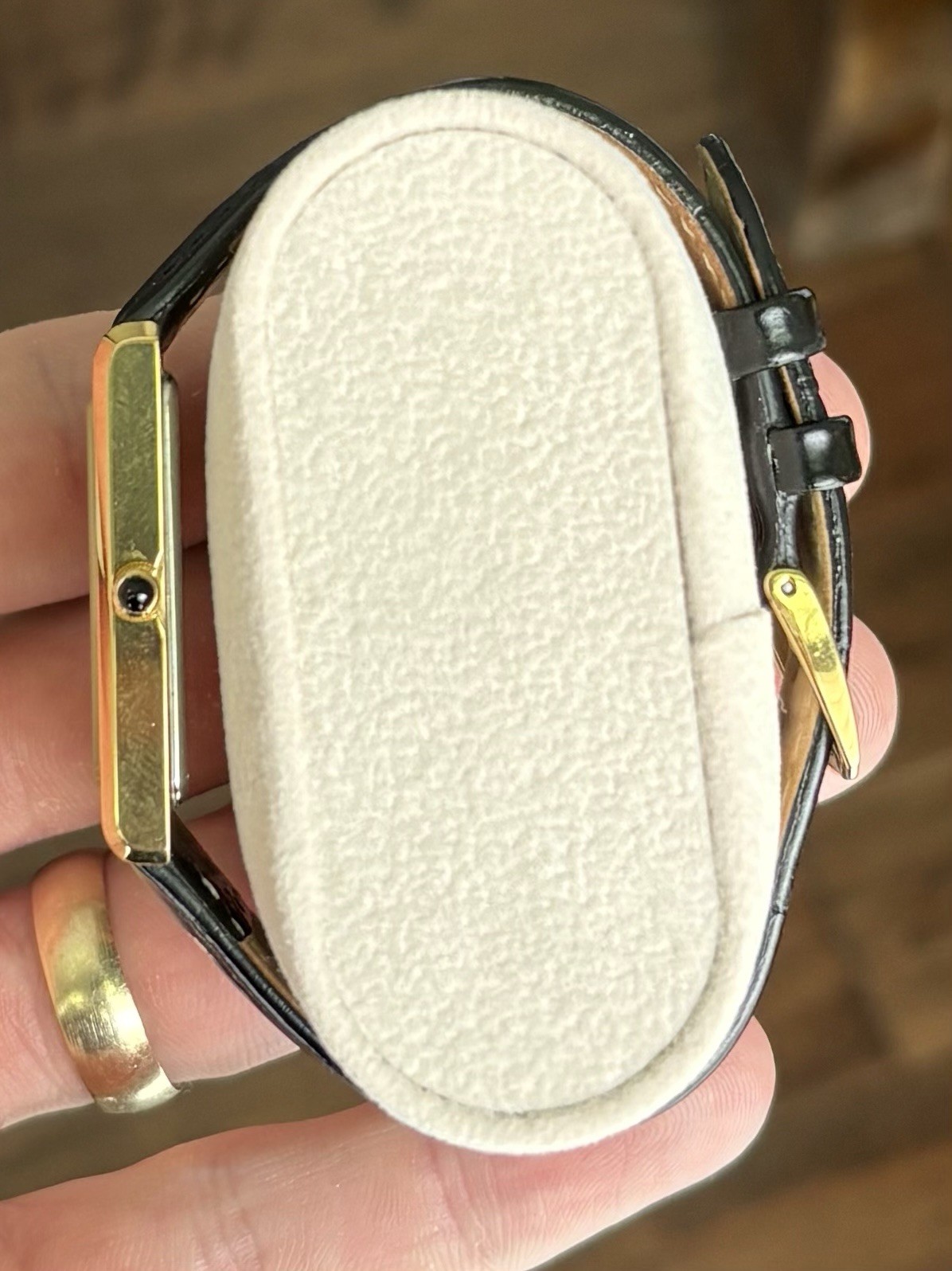 Seiko Rectangular Quartz Dress Watch White Roman Dial Gold Steel Black Leather
