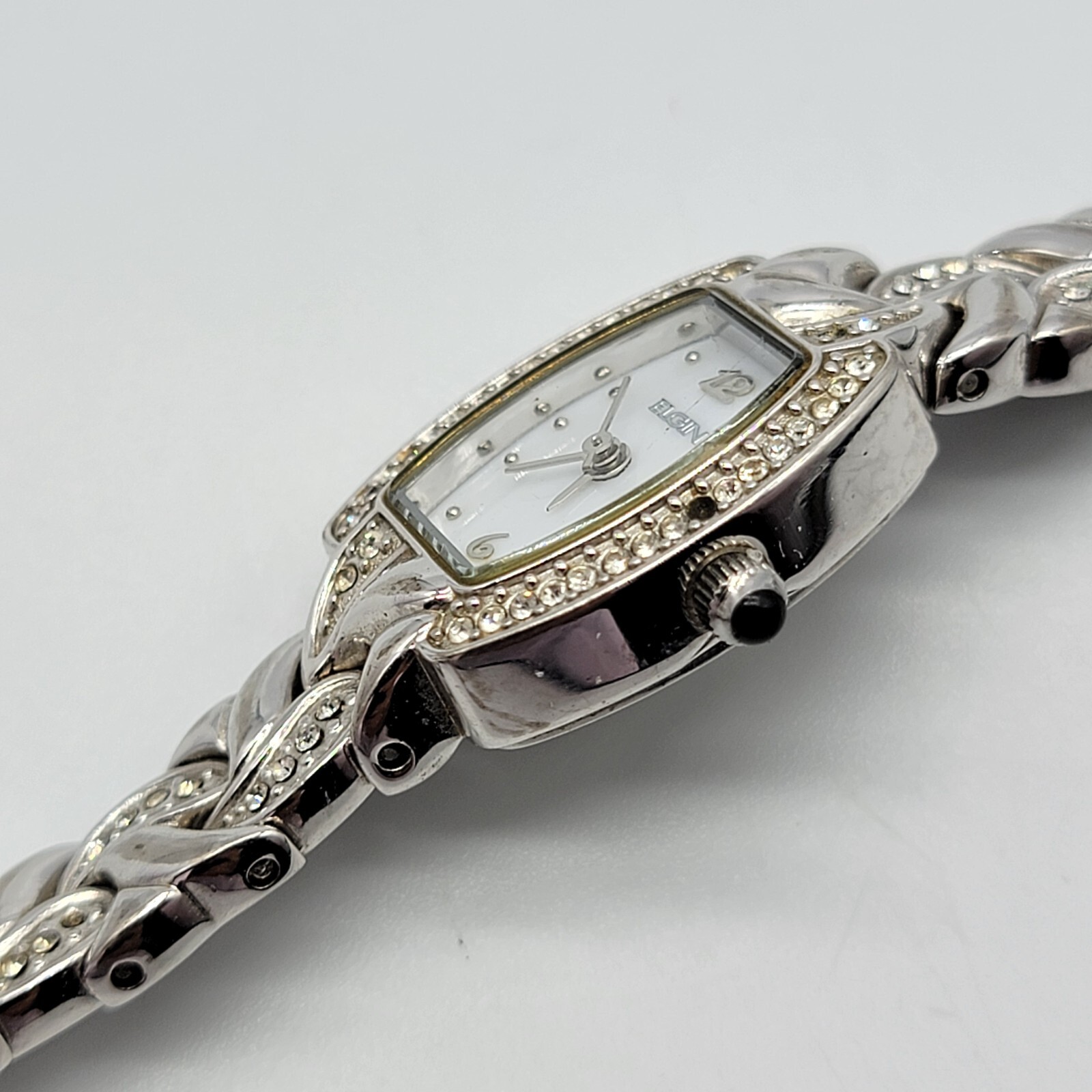 Elgin Women Watch 17mm Tonneau Dial Crystal Silver Tone 7″ *